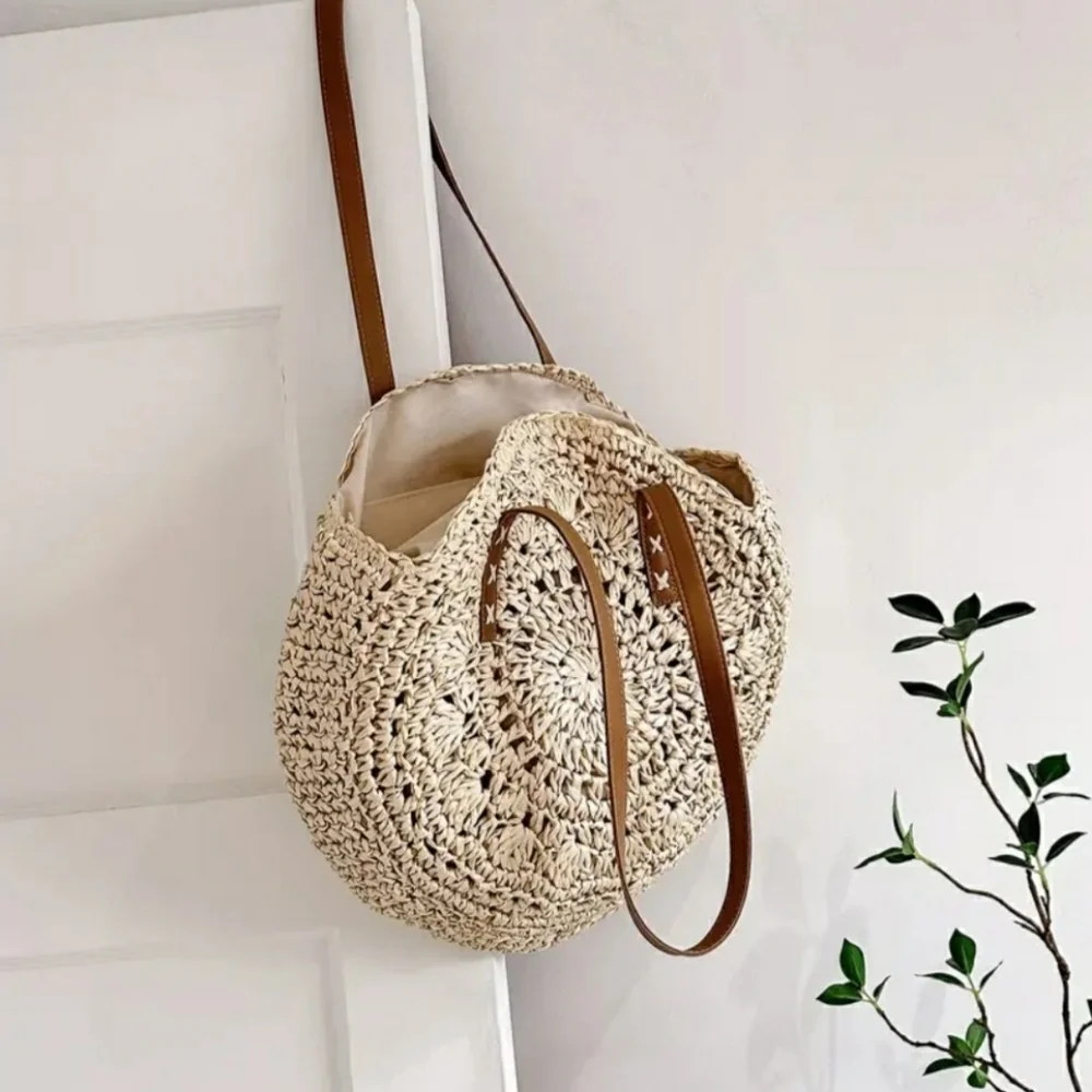 Straw Woven Tote Bag Double Handle Creamy White
